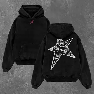 Y2K Star Graphic Hoodie Vintage Washed Black Oversized Streetwear Aesthetic Sweatshirt