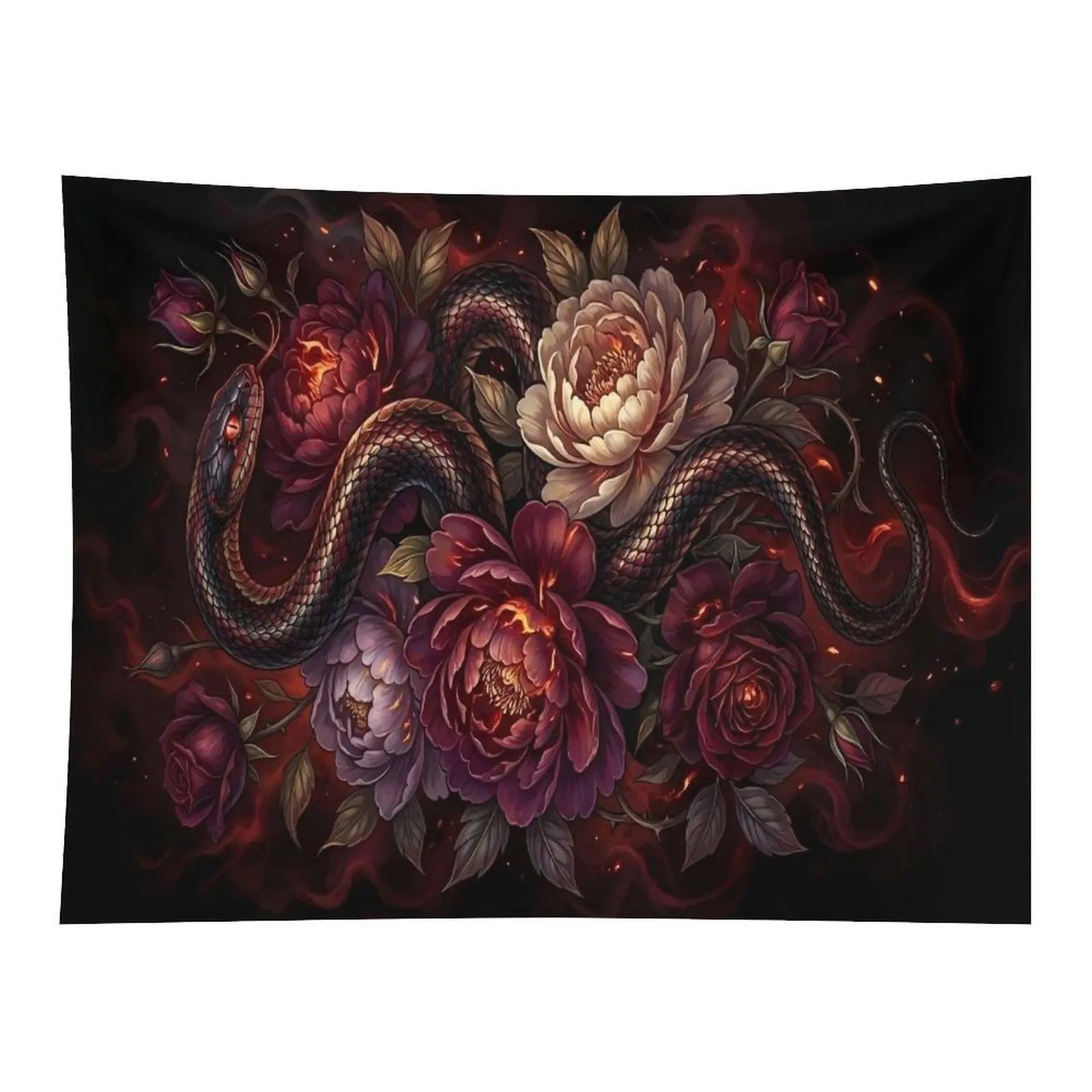 Dark Gothic Red Flame Snake Peony Rose Smoke Wall Tapestry Wall Hanging, Moody Dark Academia Floral Wild Animal Vintage Oil Painting Decor for Edgy Bedroom Dorm Alt Ornament