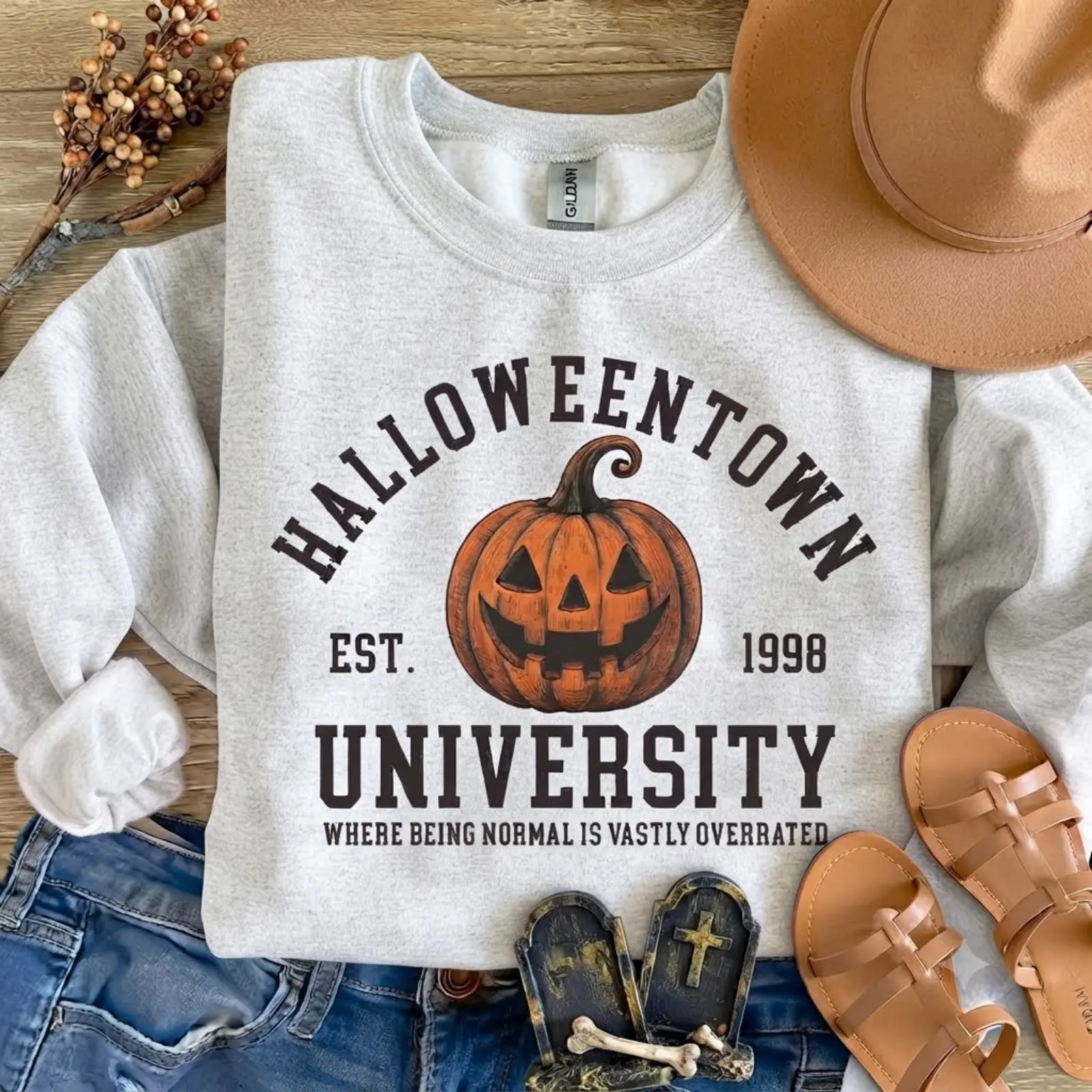 Halloween Town University Pumpkin Sweatshirt - Spooky Sweatshirt Cotton Fabric, Women's Skeleton Hand Hoodie, Retro Grunge Graphic Sweater, Cotton Halloween Tops, Unique Print Sweater, Vintage Graphic Tee, Unisex Crewneck T-shirt, Halloween Gift