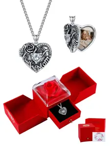 Rose Mom Locket Necklace With Rose Jewelry Gift Box, Memorial Custom Locket Necklace that Holds Pictures, Mother's Day Christmas Jewelry Gift for Mom from Daughter and Son