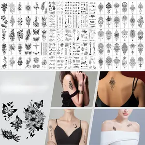 New European and American black and white dark tattoo stickers butterfly flower sexy female simulation small fresh tattoo stickers prom nail Henna Leaves Henna Stencils