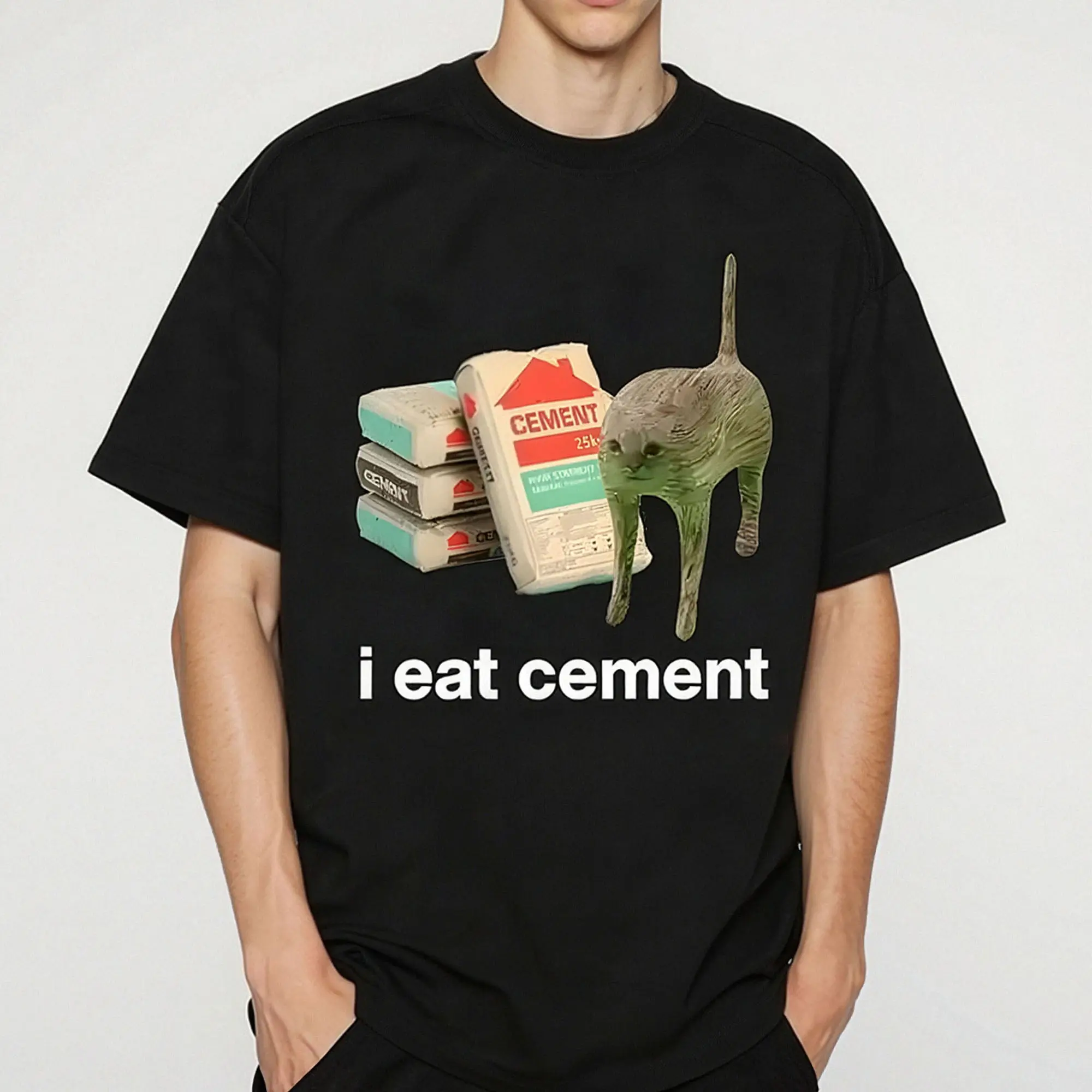 I Eat Cement Cursed Cat Funny Meme T Shirt for Men Women Fashion Casual Short Sleeve T Shirts Male Oversized Cotton T-shirt Tops