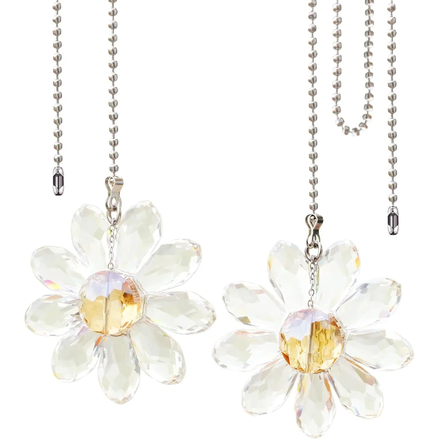 Decorative Ceiling Fan Pull Chain Set - 2 Handcrafted Synthetic Flower Pendants (1.8'' Pendant Size, Sparkling Glass), 24in Chain Extender, Connector for Bedroom, Indoor Lighting, Home Decoration, Ceiling Light Fixtures Accessories