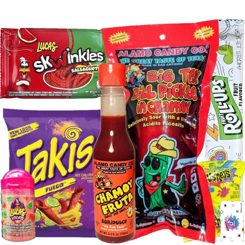 Chamoy Pickle Kit Deluxe with takis, fruit rollup, chamoy fruta liquid, skwinkles, gushers, lucas powder, popular mexican candy