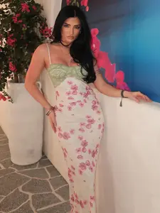 Vacation Style Series Floral Print Lace Patchwork Slim-Fit Mesh Long Spaghetti Strap Dress, Summer Holiday Fashion, Moderate Fabric Thickness