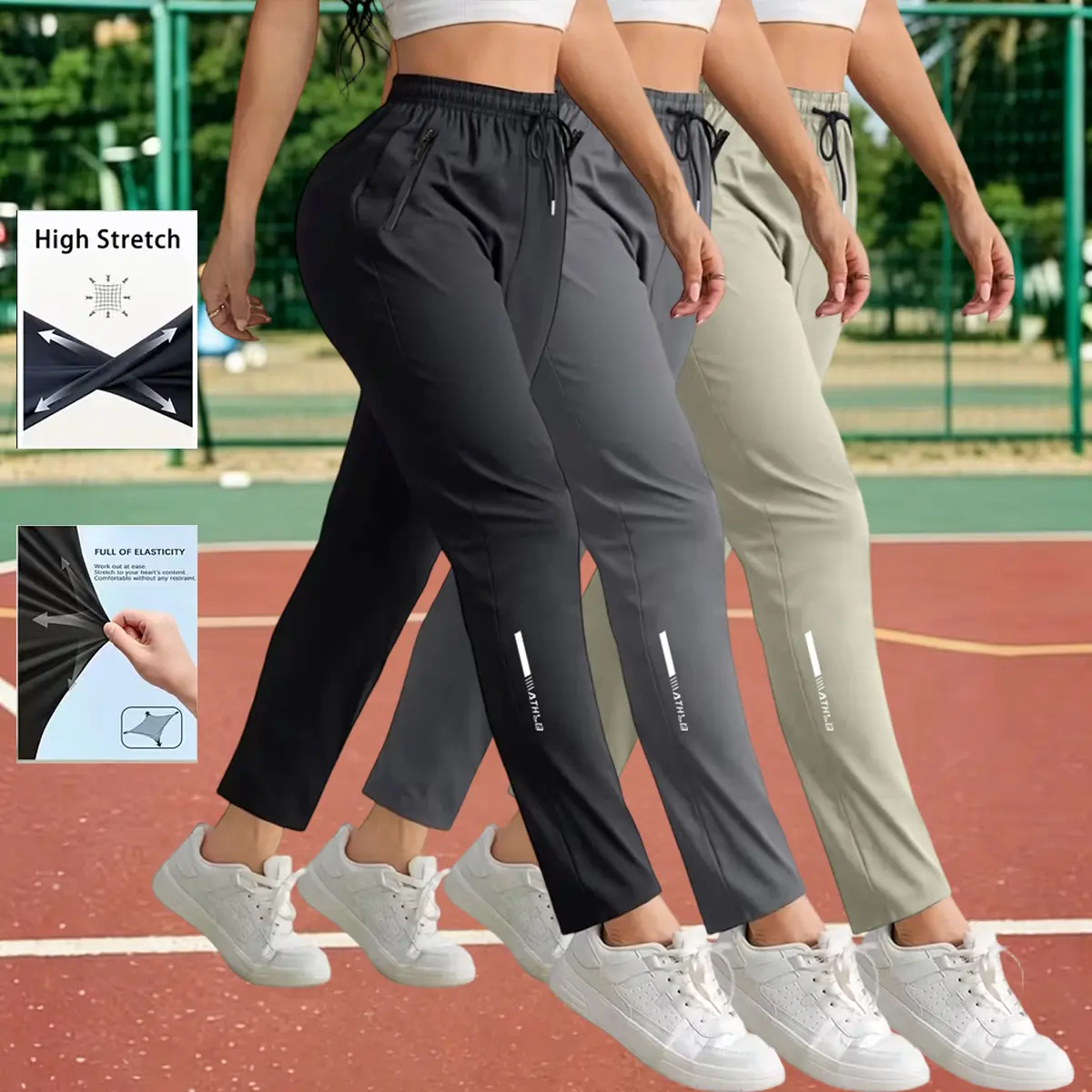 3-Pack Women’s Breathable Quick-Dry Thin Summer Pants with Pockets, Ice Silk Fabric, Slimming Straight-Leg Long Pants for Outdoor Sports and Hiking