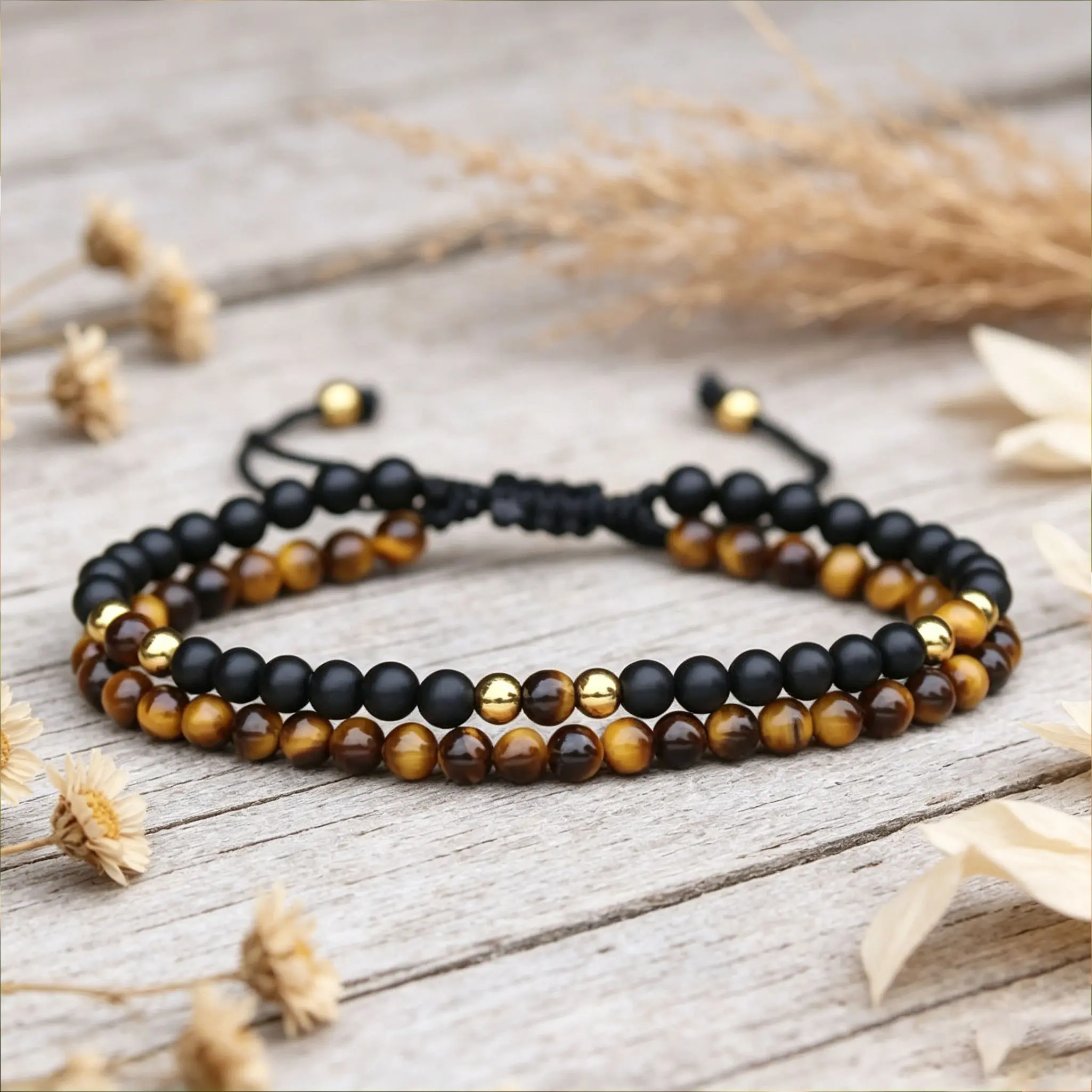 Unisex Tiger Eye & Black Onyx Double Layer Beading Bracelet - Natural Crystal Energy Healing Natural Gems Jewelry, Adjustable Cord, Strength & Confidence Everyday Accessory