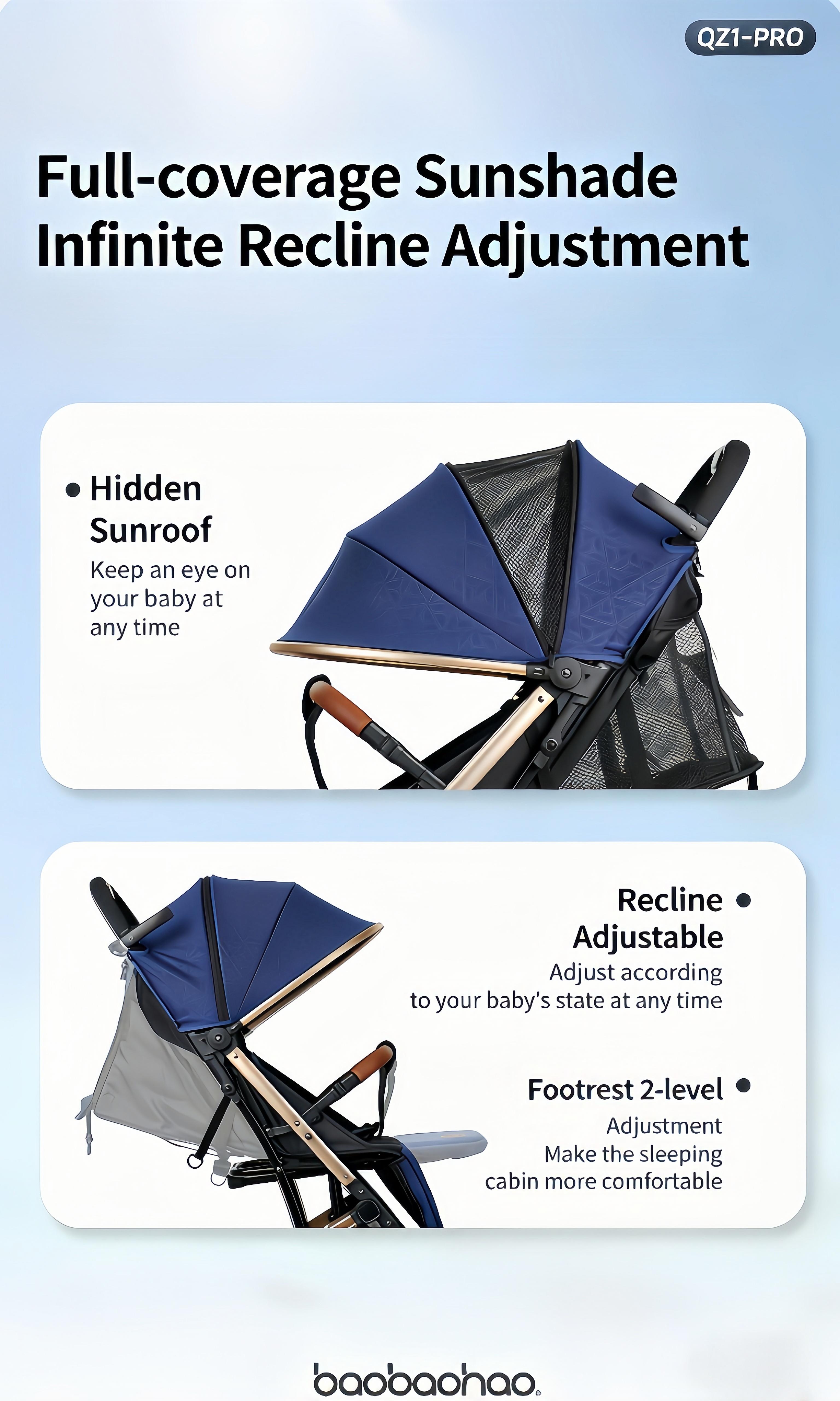 Baobaohao QZ1-Baby Stroller – Wider Cabin for Easy Outings, Seats & Lays Flat, Full Wind Protection, Breathable Mesh for Summer, Lightweight & Foldable, Suitable for Newborns to Age 3