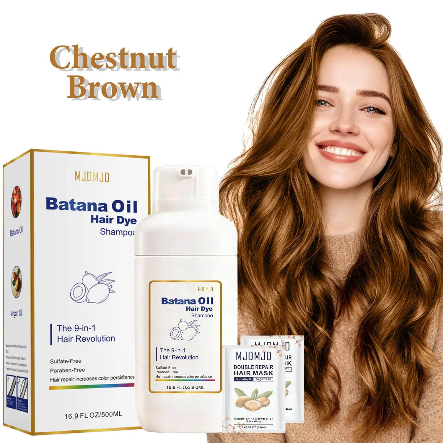 Chestnut Brown Hair Dye Shampoo – Instant Hair Color Shampoo for Gray Coverage, Herbal 9-in-1 Formula, Sulfate-Free & Paraben-Free, Plant Extract Long-Lasting Haircare, Safe Natural Coloring Shampoo for Men & Women, Quick Hair Dye, Salon