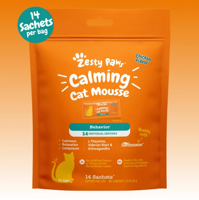 Zesty Paws Calming Cat Mousse - 14 Sachets per Bag with Suntheanine for Calmness Relaxation and Composure in Chicken Flavor Treats Supplements