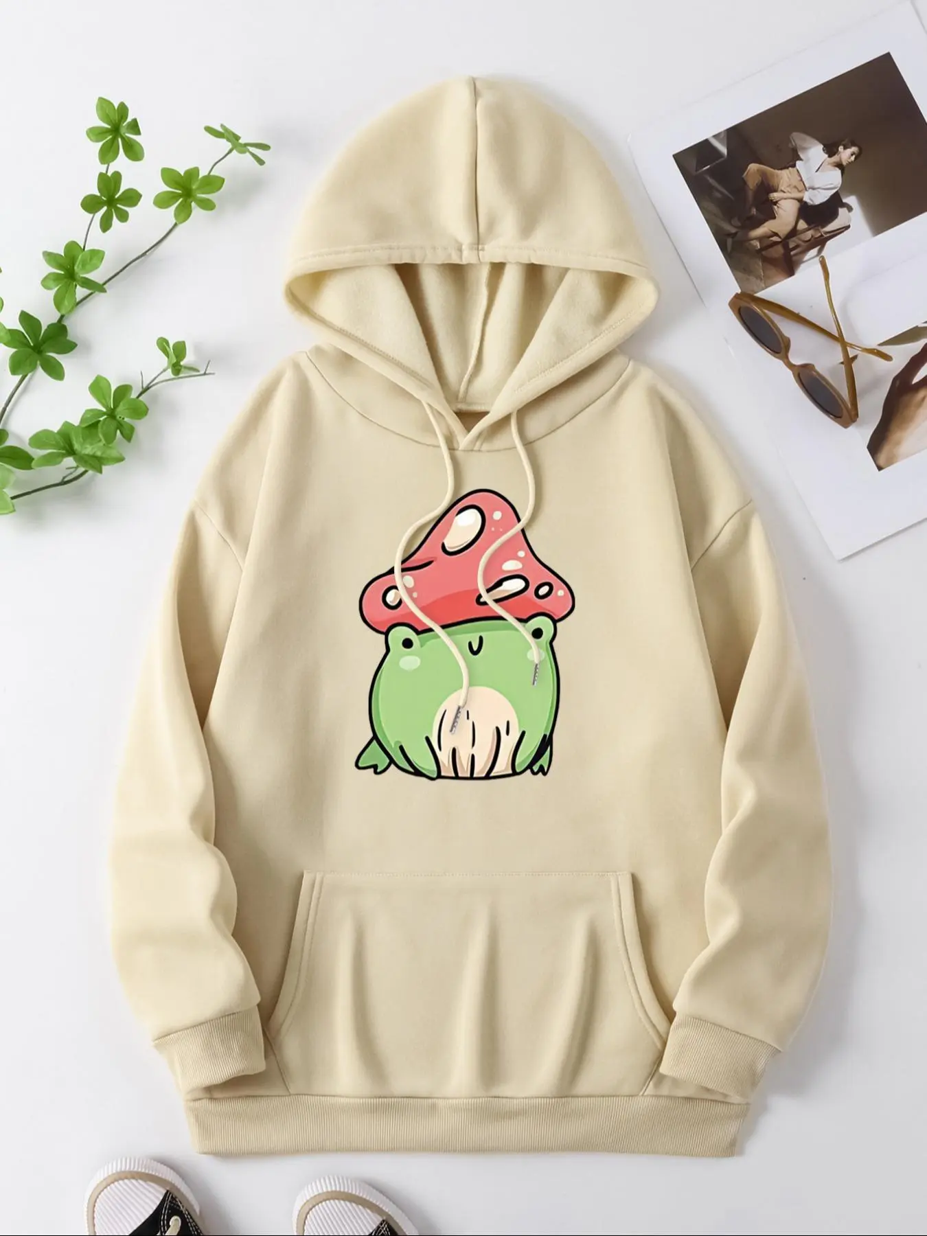 Women's Cartoon Frog Print Drawstring Pocket Hoodie, Casual Drop Shoulder Long Sleeve Hooded Sweatshirt, Ladies Fall & Winter Clothes for Daily Wear