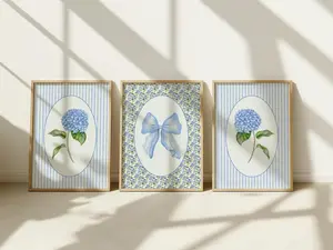 Blue Hydrangea Coquette Bow Watercolor Print Set of 3, Floral Wall Art Print, Preppy Wall Decor, Apartment Dorm Decor