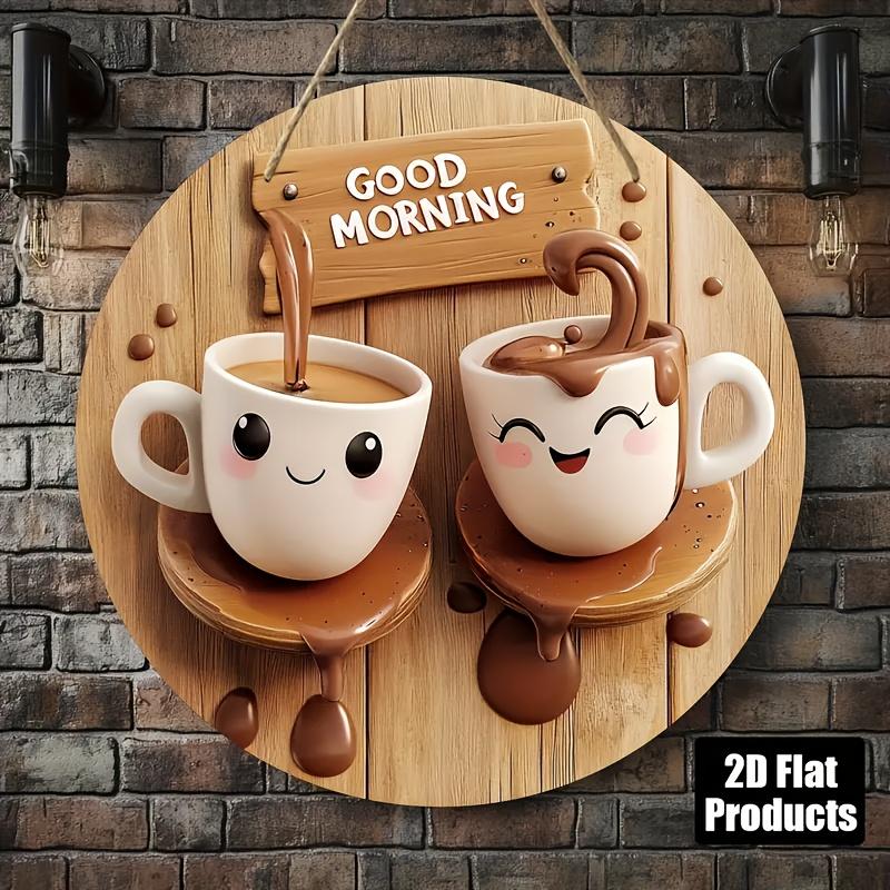 1PC 2D Flat, Vintage Tea Theme Wooden Wall Hanging, 8x 8inch - Fantasy Cup and Plate Design, with "Good Morning" Message, Perfect for Kitchen, Coffee Shop, Home, Living Room, and Office Decoration