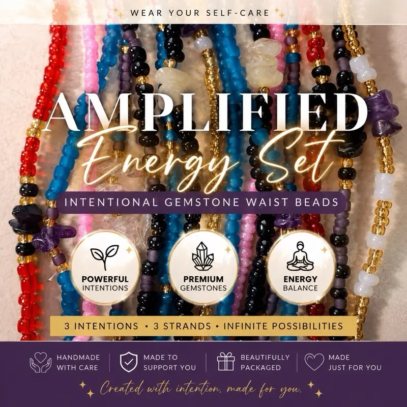 Amplified Energy Crystal Waist Bead Set - 3 for $50 Gold Unisex Body Jewelry Set, Female Casual Intentional Gemstone Beads for Confidence, Healing