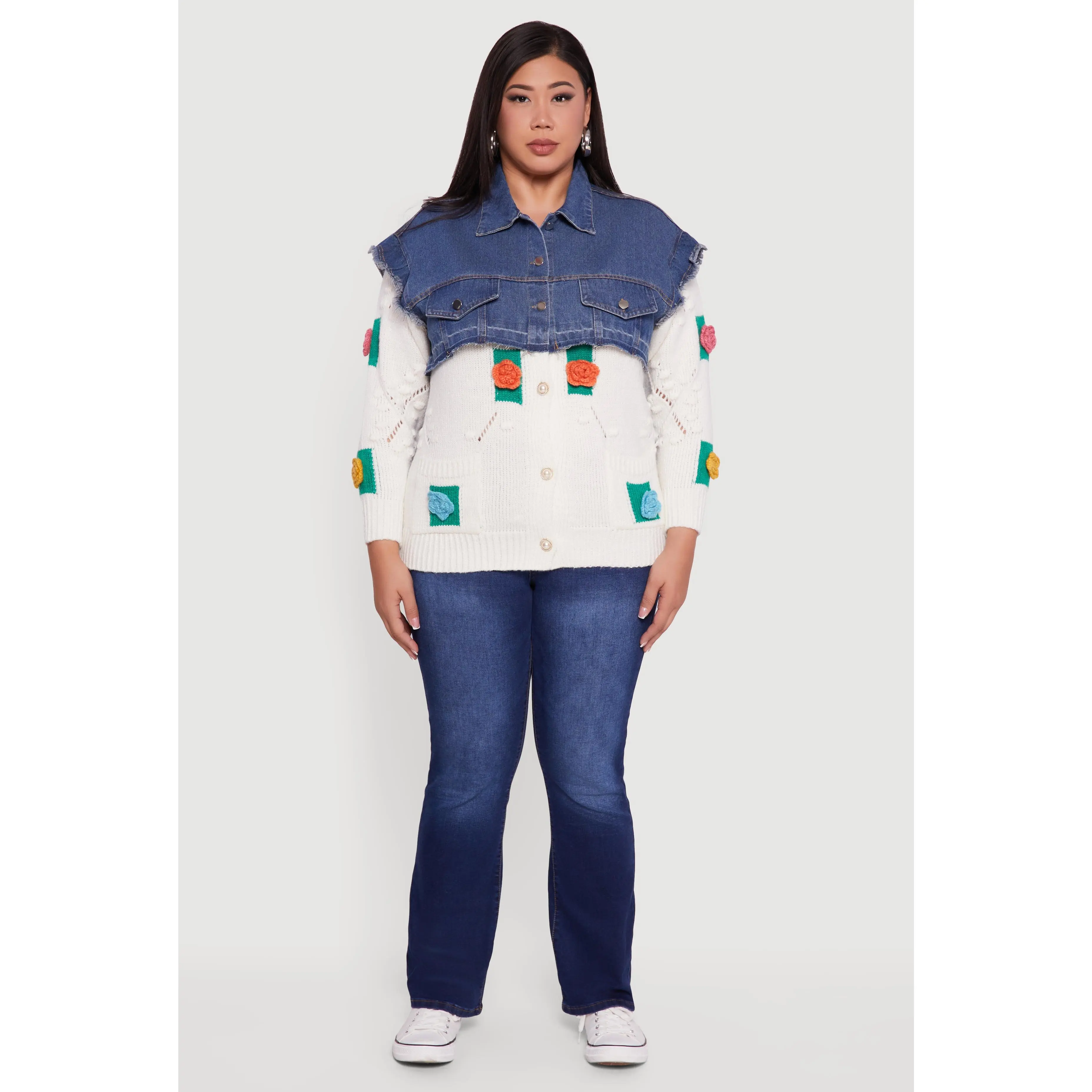 Plus Size Crochet Flower Layered Sweater Denim Jacket