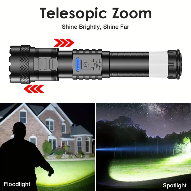Strong Light Flashlight, Lighting More 1Mile, Lasts 8 Hours, Emergency Lighting White Flashlight with Red & Blue Alarm Lights, Waterproof Rechargeable