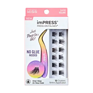 Impress Falsies Pre-Glued False Eyelashes Minipack - Lavish | 12 Lash Clusters, With Mini Applicator, 12mm-14mm