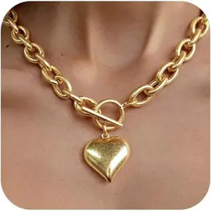 Heart Pendant Necklaces for Women Statement Chunky Chain Necklace Love Heart Charm Choker Necklace