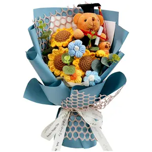 Graduation Gifts Crochet Flowers Bouquet, Handmade Sunflower Rose Bear Graduations Flower Bouquet for Birthday, Teacher Appreciation Gifts, Christmas, Home Décor (Include Card) Blue