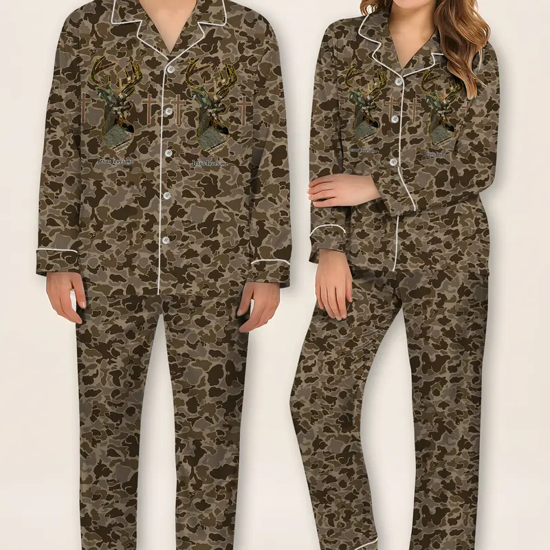 Hunting Deer Camo Satin Pajama Set for Men, Christian Faith Sleepwear, Jesus Cross Stag Print Pajamas, Outdoor Hunting Season Nightwear, Soft Silky Long Sleeve PJs, Faith Inspired Loungewear, Gift for Hunters, Cozy Camo Pajamas