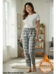 Plaid Fleece Pants Women's High Waist Straight Wide-Leg Fleece Wide-leg Warmer Pants for Cozy Comfort