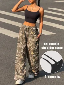 Women's High Waist Wide Leg Pants Set with Adjustable Straps, Comfortable Casual Office Wear, Stylish Street Style