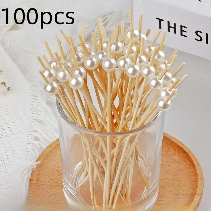 Bamboo Fruit Stick (100pcs), Faux Pearl Decor Cocktail Stick, Party Dessert Stick, Disposable Food Stick for Party, Festive & Party Supplies, Party Accessories, Disposable Cocktail Sticks, Festival Party Supplies, Disposable Products