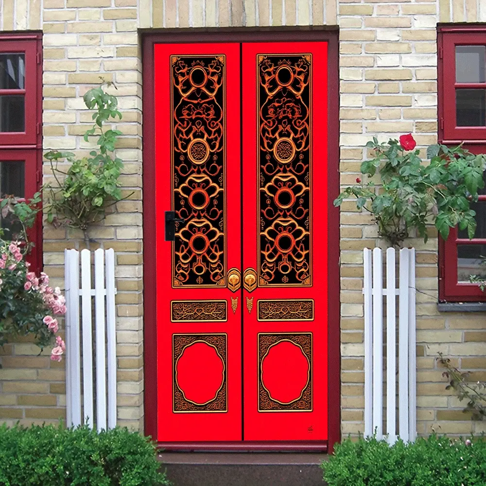 2pcs   Chinese Style Traditional Relief Decorative Door Wall Sticker Classic Red Double Door Pattern Decal Self Adhesive Living RoomBackground Wall Decoration New Year Spring Festival Festive Arrangemen