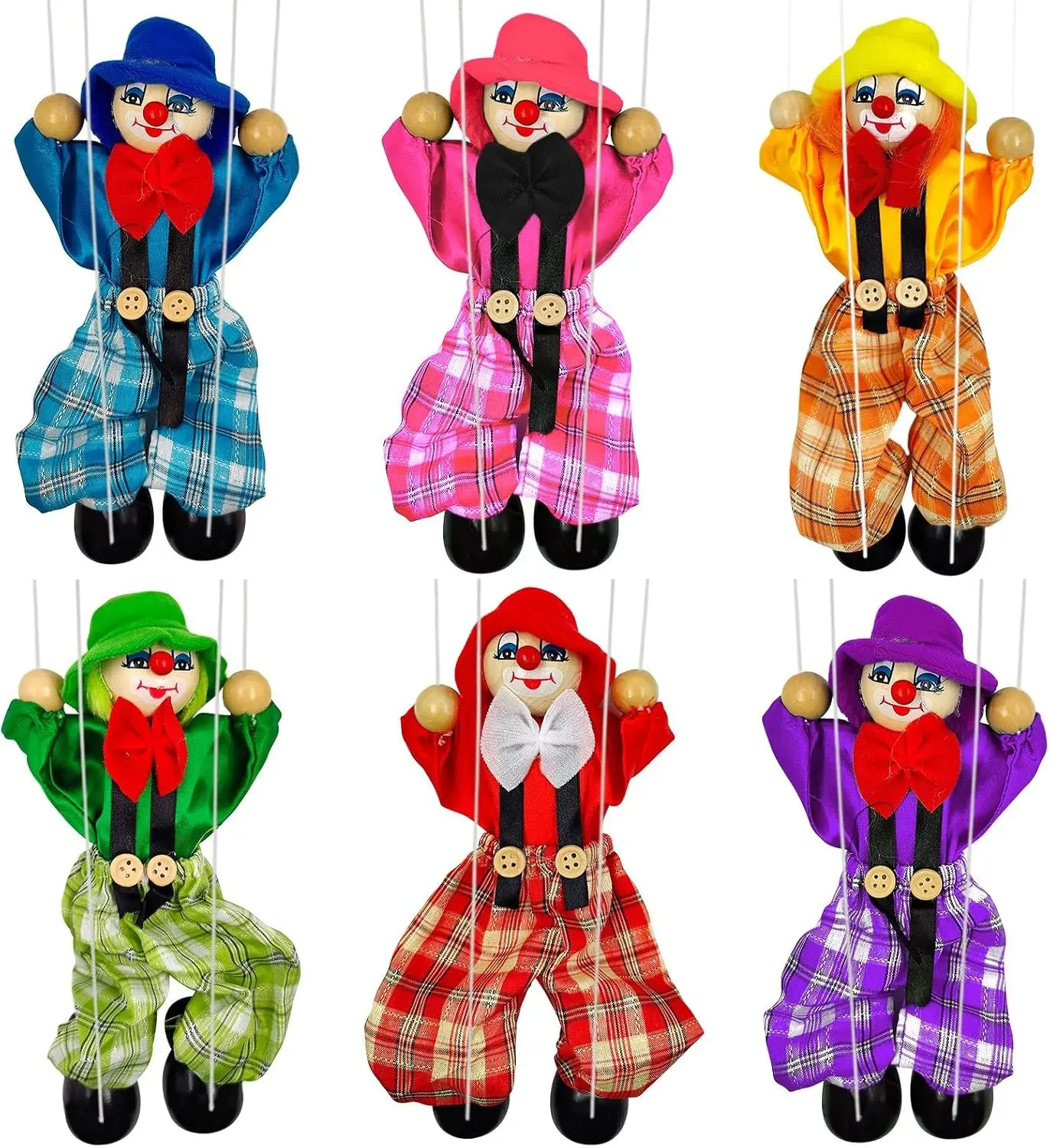 6 Pack Wooden Marionette Clown Pull String Puppets Movable Jointed Hands and Feet for Family Men Women Theater Puppetry Party