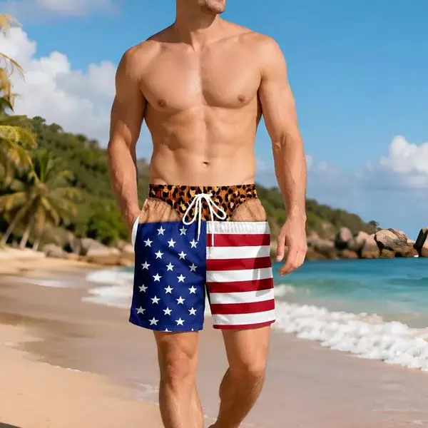 Funny American Flag Fake Thong Swim Trunks, Men's 3D Illusion USA Board Shorts, Elastic Waist, Above Knee, Fitted, All over Print