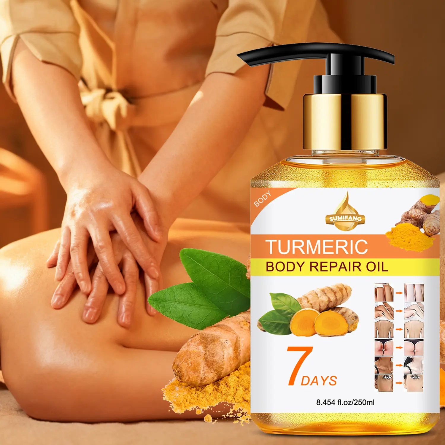 Sumifang Turmeric Body Massage Oil, Natural Essential Oils Formula, Multi-Purpose Body Care Oil, Instant Absorption, Suitable for All Skin Types, 8.454 Fl. Oz, Moisturizing Turmeric Oil, Multi Use Oil