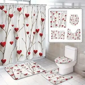 1/4-pc Valentine's Day shower curtain set, Bathroom decoration accessories with heart and branch pattern, includes non-slip mat, U-shaped rug, and toilet seat cover. For bathroom decoration, partitioning, and beautifying. With 12 shower curtain hooks