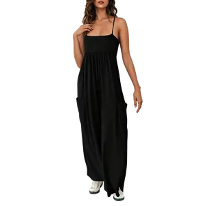 Women’s Casual Wide Leg Jumpsuit Sleeveless Spaghetti Strap Romper Loose Fit Flowy Overalls with Pockets Summer Lounge One Piece Outfit