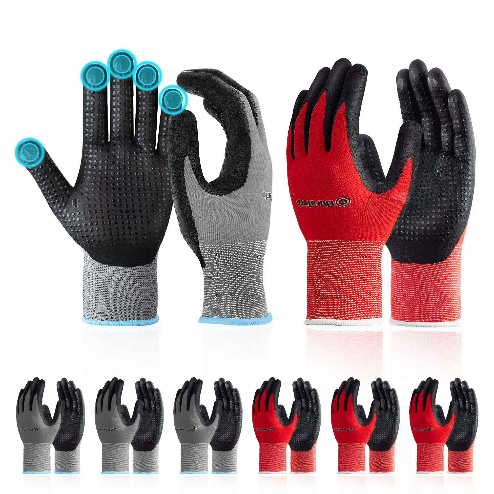 #summersale DURATECH Micro-Foam Nitrile Safety Work Gloves, 6 Pairs, Non-slip Dot Coated Gloves, with Touchscreen Capability, Ideal for General Purpose (Grey and Red)