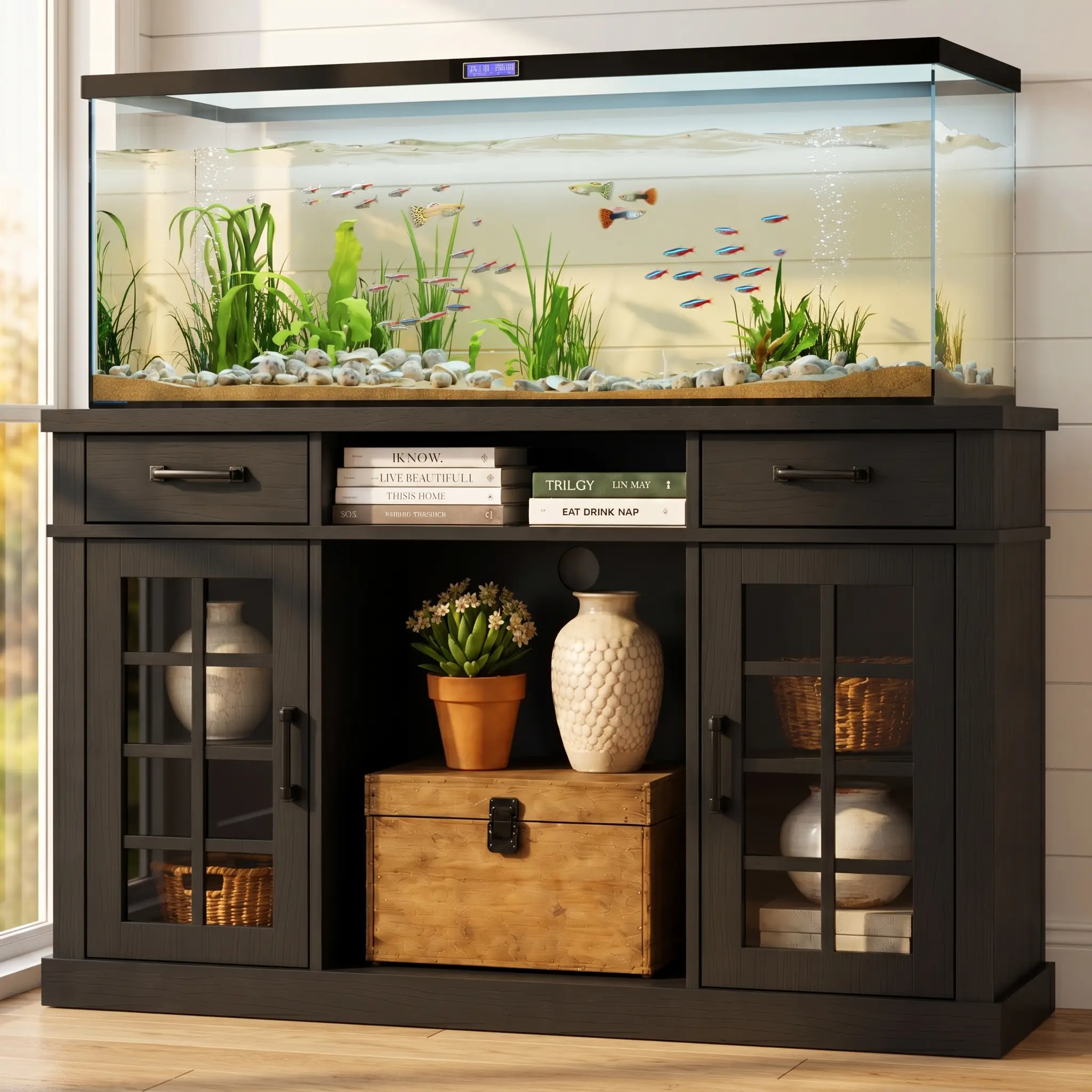55-75 Gal Heavy-Duty Farmhouse Wood Fish Tank Stand, 1100LBS Capacity Black Cabinet with Storage for Aquariums, Turtle Tanks, Reptile Terrariums drawers for bedroom
