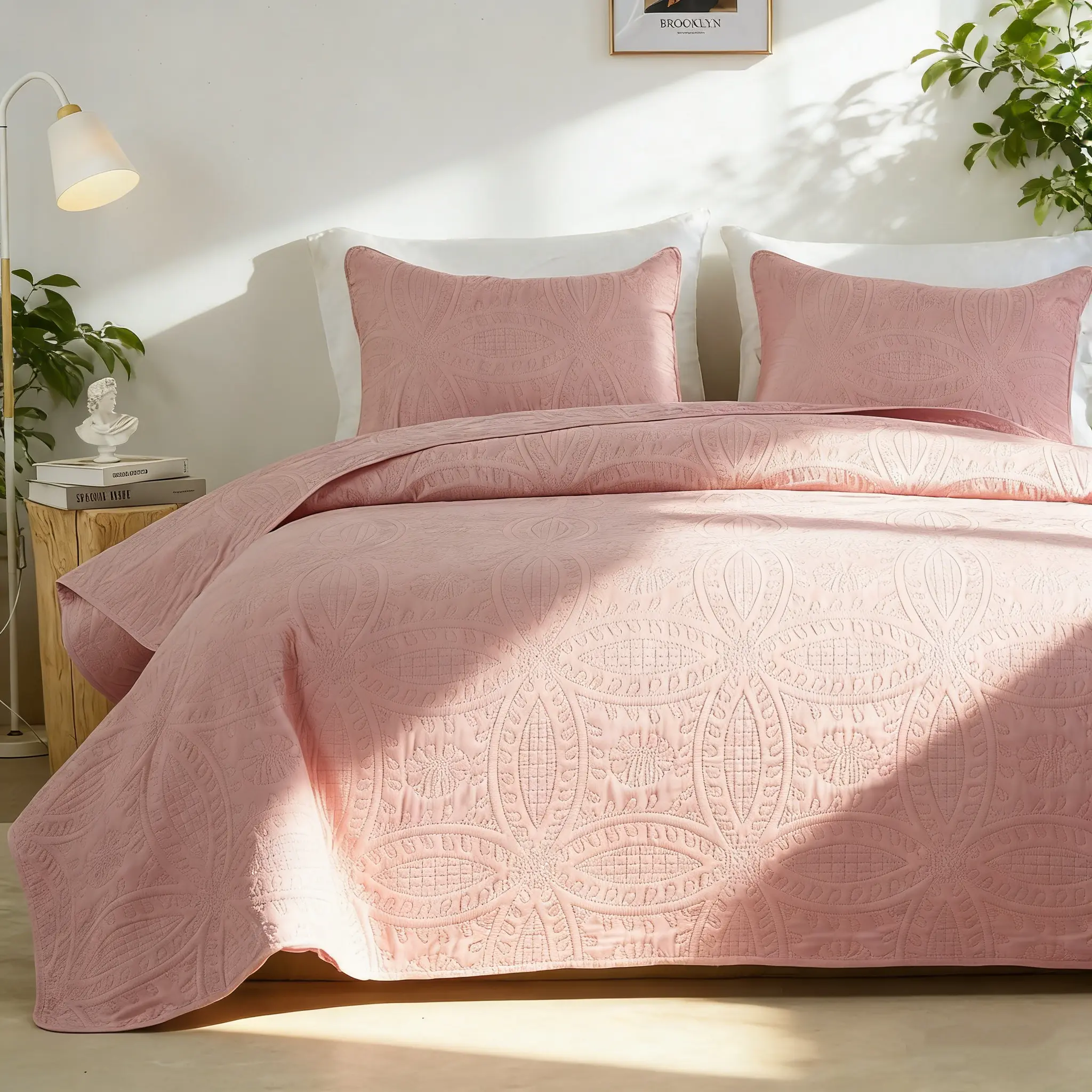 Pink King Size Quilt Bedding Set With Pillow Shams, Summer Lightweight Bedspread Coverlet, Soft Quilted Blanket Thin Comforter For All Seasons