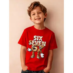 Summer Boys' Stylish Short-Sleeve T-Shirt with Colorful Numbers Six And Seven, Featuring Cartoon Designs, Perfect for Outdoor Casual Wear