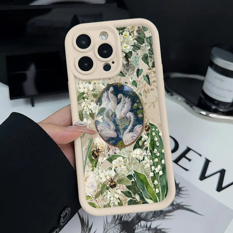 Vintage Oil Painting Swan Lily Of The Valley Floral Phone Case Cottagecore Bee Wildflower Garden Victorian Botanical Coquette Feminine Aesthetic Cream Beige Shockproof Bumper Cover For iPhone 18 17 16 15 14 13 12 Girly Nature Accessory