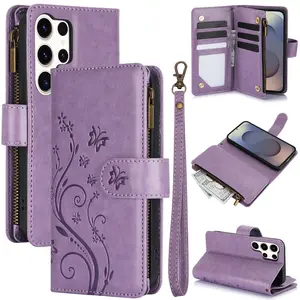 Butterfly Pattern Zipper Phone Case with Card Slot, Shockproof Phone Protective Cover, Phone Accessory Compatible with Samsung Galaxy S26 S25 S24 S23 22 21Ultra Plus, CasingLadies' Butterfly Flower Protector, Protection