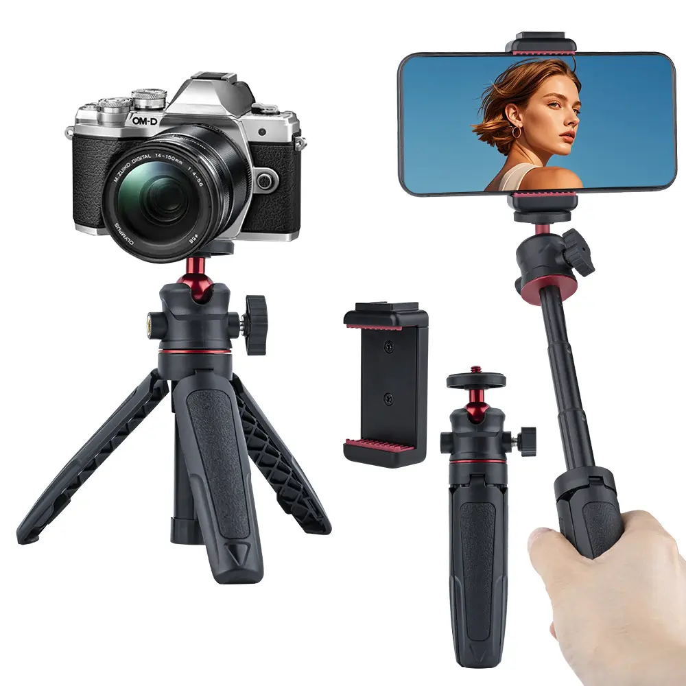 Mini Tripod Selfie Stick 3-in-1 Extension Pole with Phone Clamp - Aluminum Vlogging Stand for Smartphone Action Camera Webcam 1/4” Thread