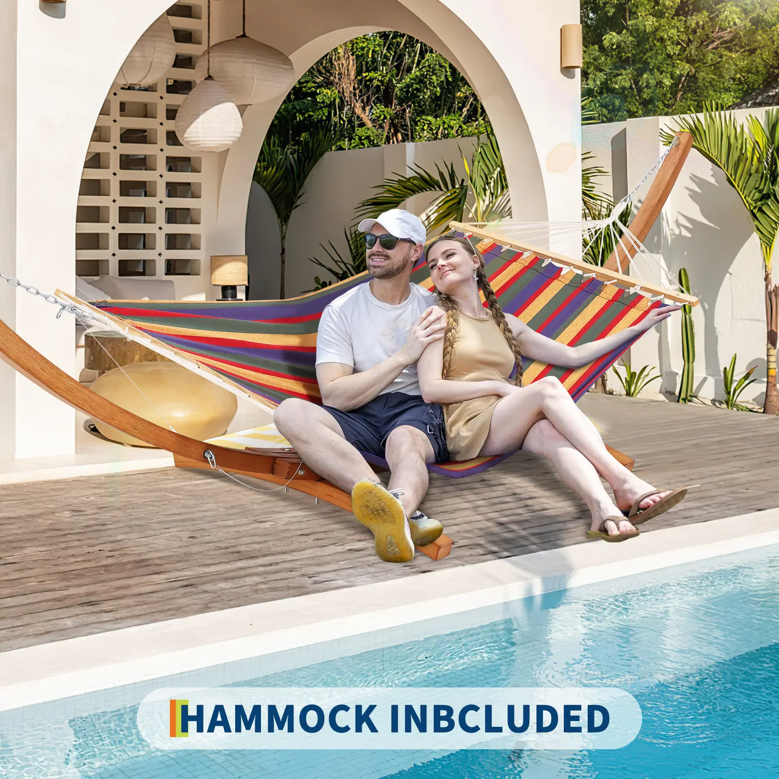 Ultimate Relaxation for Indoor & Outdoor Spaces! Hammock with Wood Stand, Weatherproof Outdoor Hammock for Patio Backyard Indoor Outdoor, Max 475 Lbs, Curved, Outdoor Patio Furniture