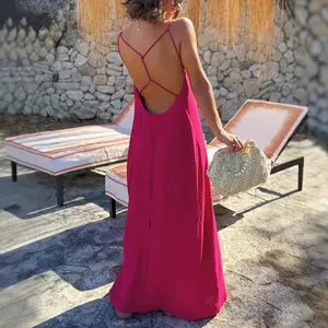 Elegant White Open Back Maxi Dress, Sexy Crisscross Spaghetti Strap Long Dress, Flowy Relaxed Fit Summer Resort Wear