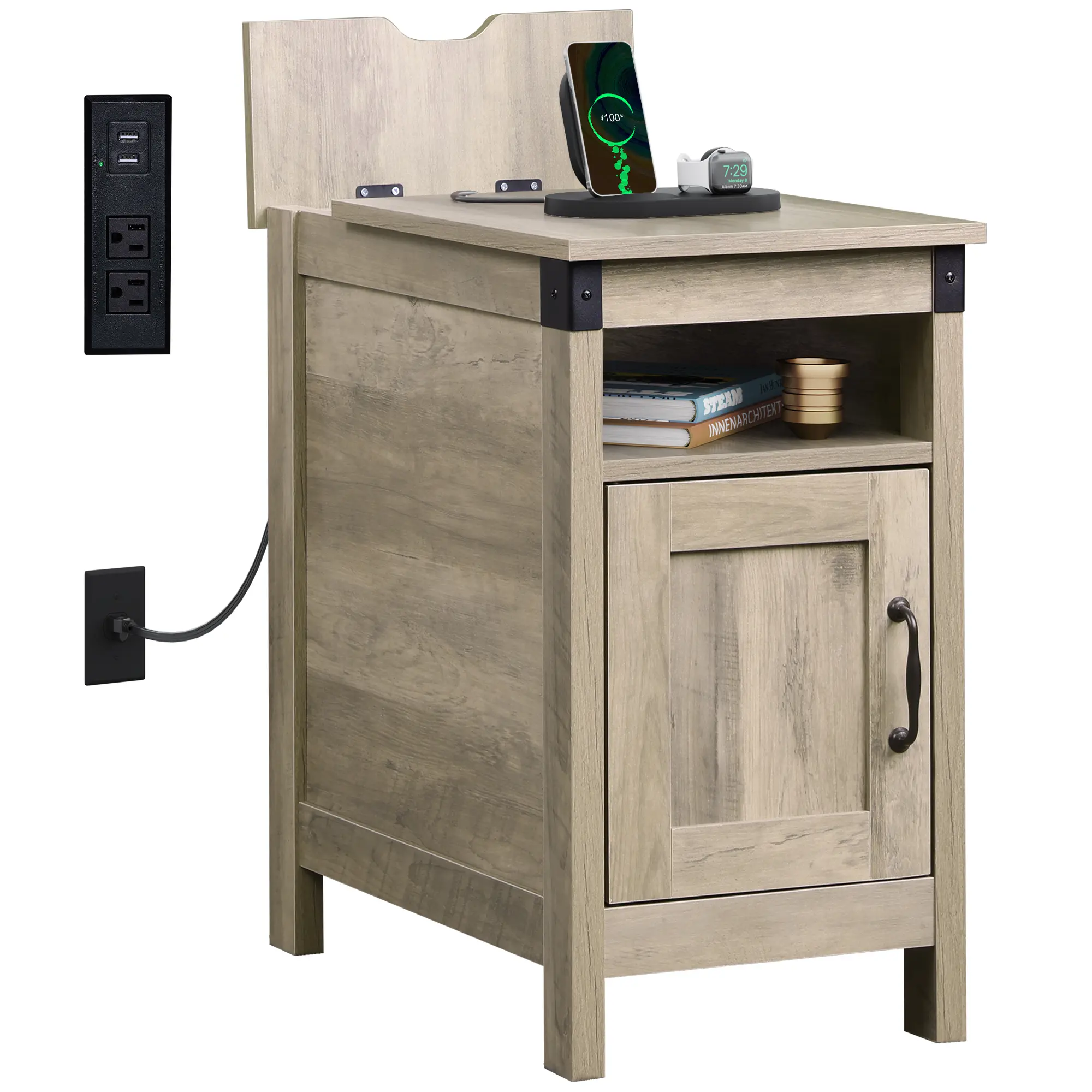 WLIVE Farmhouse End Table with Charging Station | USB Ports, Narrow Side Table for Living Room/ Home, Small Nightstand & Storage Cabinet​