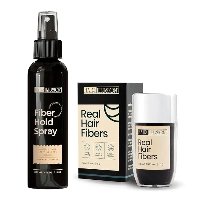 Hair Illusion Black Real Fibers and Holding Spray for Women & Men - Natural Texture, Non-Synthetic Cover Up for Thinning Hair and Bald Spots - 18 Gram