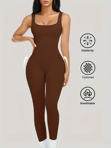Womens Workout Rompers Jumpsuits Tight Fitting Jumpsuit Seamless Ribbed Yoga Gym Stretchable Activewear One Piece Sleeveless Square Neck Tank Top Leggings Unitard