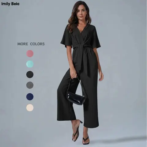 Imily Bela Women's Wide Leg Jumpsuits Short Sleeve V Neck Tie Knot High Waist Summer Long Romper Shortsleeve Basic Minimalist Overalls
