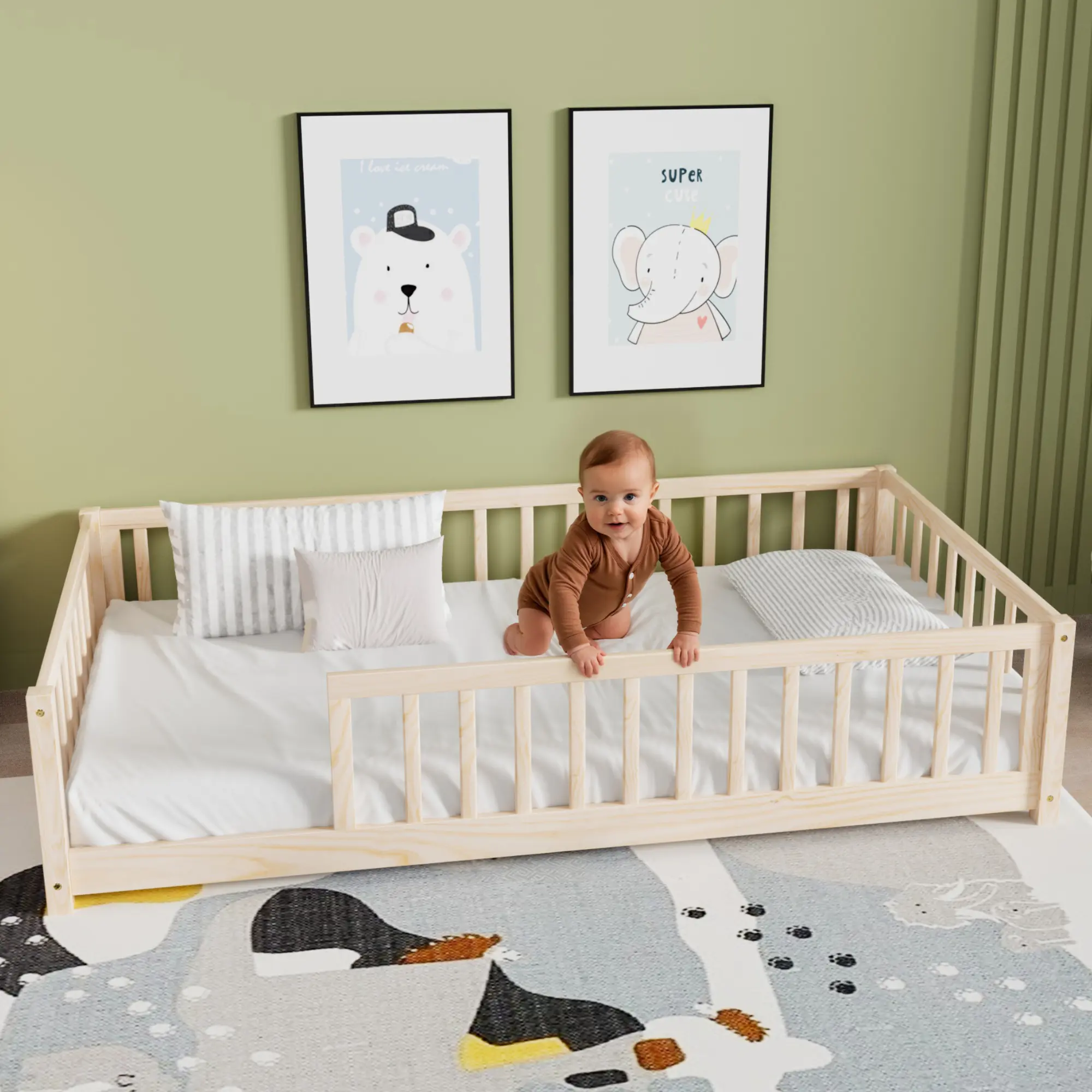 NEKODO Twin Floor Bed for Kids Solid Wood Montessori Bed Frame with Safety Guardrails,Solid Pinewood Toddler Bed Frame with Wood Slats,Multifunctional Montessori Floor Bed, Without Door, Easy Assemble, Gray