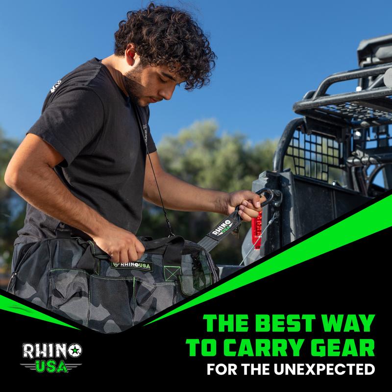 Rhino USA Heavy Duty Tool Bag Wide Mouth Tool Tote with Zipper, Large Tool Bag with Extra Side Storage Pockets, Reinforced Shoulder Strap & Metal Clips