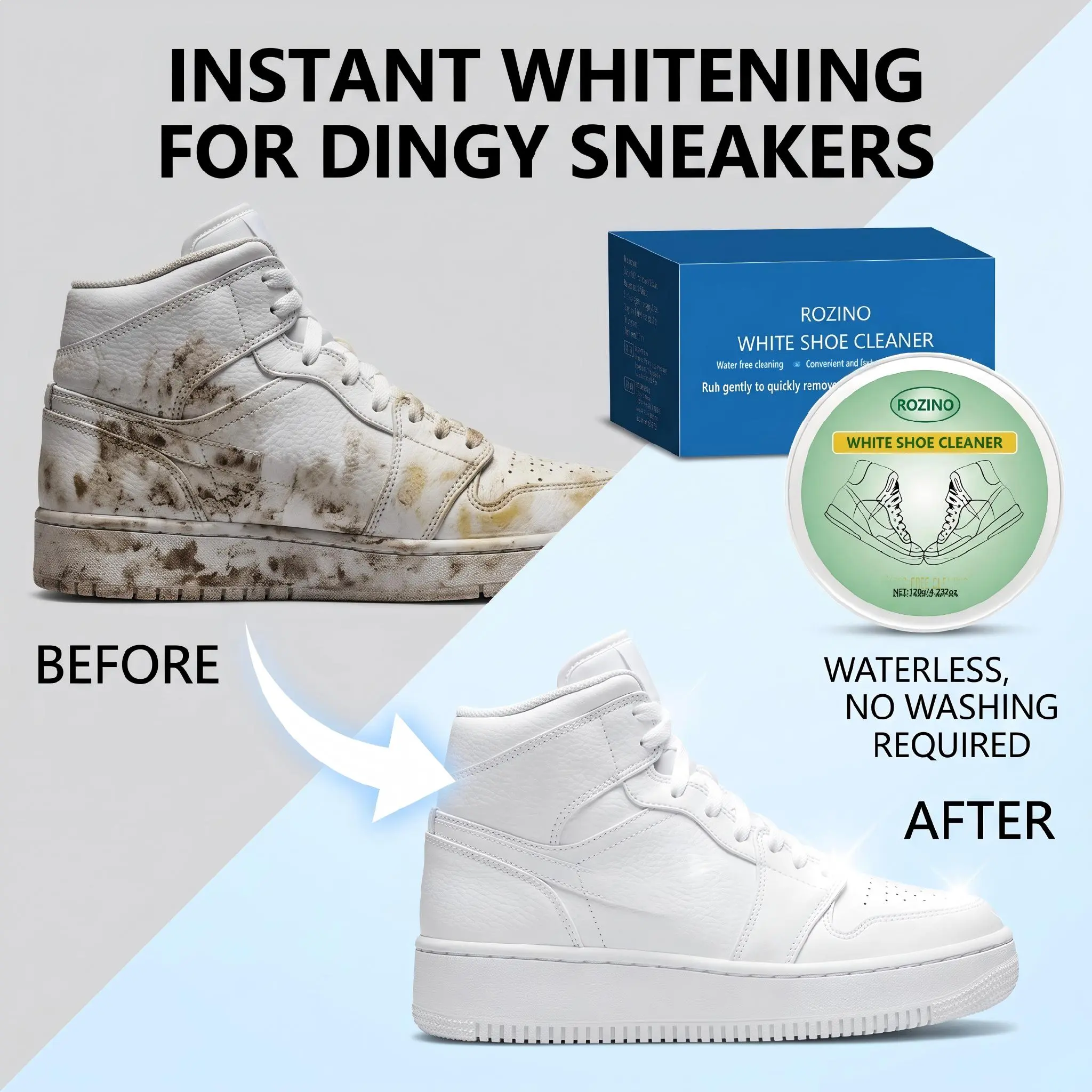 ROZINO White Shoe Cleaner Cream, Water-Free Stain Remover Paste with Sponge for Sneakers, Canvas & Leather Shoes, 4.2 oz footwear crease guard Deep Clean Shoe Cleaner Kit care removal