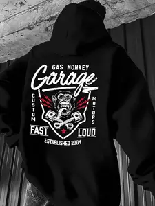 Unisex Retro Garage-Themed Graphic Animal Oversized Hoodie, Sweatshirts – Black & White/Red Print, Monkey Mascot & Mechanic Tools Design, Urban Automotive Streetwear Aesthetic, Soft Fleece Fabric, Relaxed Fit, Perfect for Car Enthusiasts, Durable Print